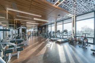 Finished gym with city views